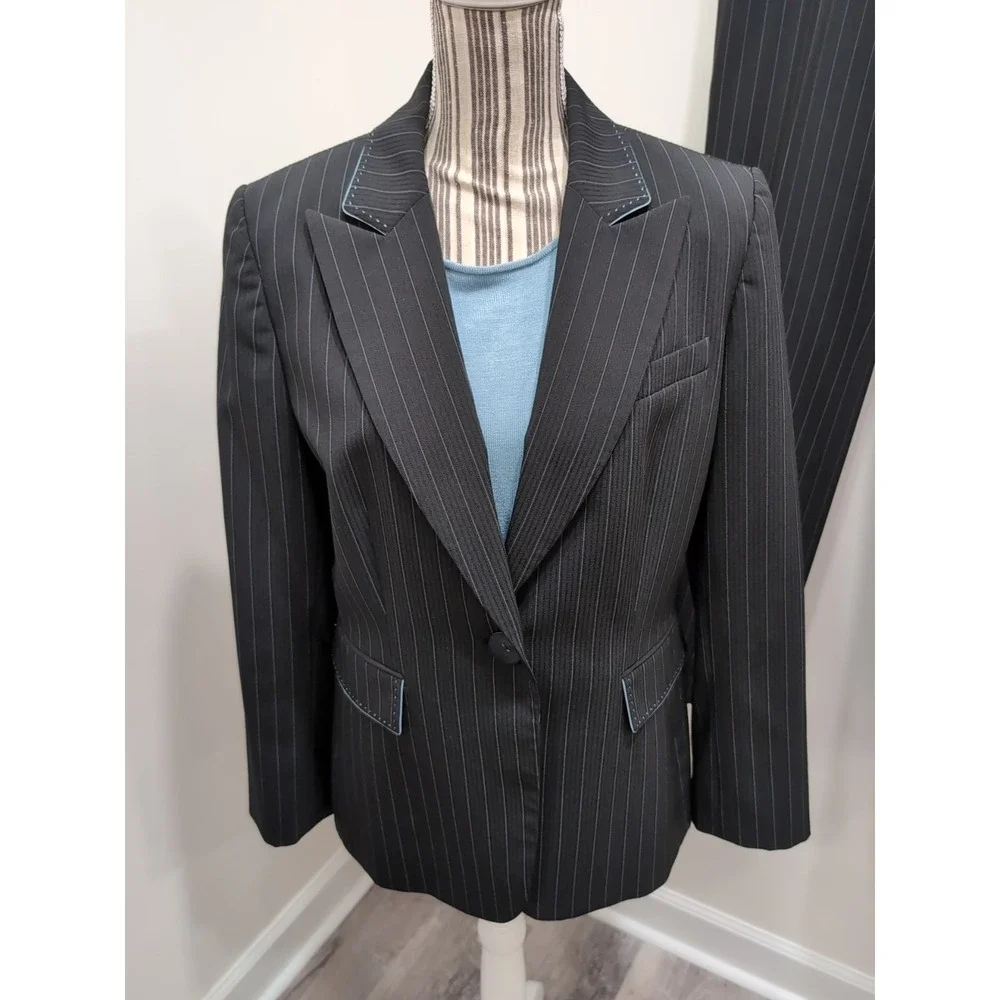 Tahari Arthur S. Levine 3pc Black Pinstripe Suit 12 Pants Blazer Tank Career Set